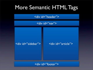 More Semantic HTML Tags
             <div id=”header”>

               <div id=”nav”>




<div id=”sidebar”>     <div id=”article”>




             <div id=”footer”>
 