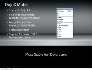 DojoX Mobile
                 Started in Dojo 1.5
                 Fix things in Dojo that
                 break for mobile, API stable
                 Merge features from
                 EmbedJS, WINK Toolkit
                 Feature Detection
                 Support for many HTML5
                 features and beyond




                                             Most Stable for Dojo users


       © SitePen, Inc. All Rights Reserved

Sunday, October 17, 2010
 