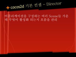 기본 컨셉 - Director
  cocos2d

어플리케이션을 구성하는 여러 Scene들 가운
데 무엇이 활성화 되는지 흐름을 관리
 