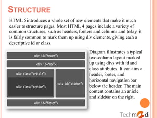 STRUCTURE
HTML 5 introduces a whole set of new elements that make it much
easier to structure pages. Most HTML 4 pages include a variety of
common structures, such as headers, footers and columns and today, it
is fairly common to mark them up using div elements, giving each a
descriptive id or class.
                                         Diagram illustrates a typical
                                         two-column layout marked
                                         up using divs with id and
                                         class attributes. It contains a
                                         header, footer, and
                                         horizontal navigation bar
                                         below the header. The main
                                         content contains an article
                                         and sidebar on the right.
 