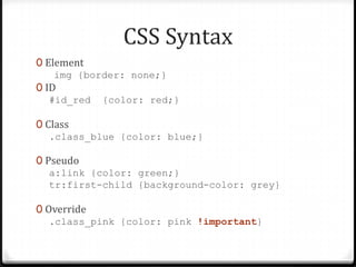 CSS Syntax
0 Element
img {border: none;}
0 ID
#id_red {color: red;}
0 Class
.class_blue {color: blue;}
0 Pseudo
a:link {color: green;}
tr:first-child {background-color: grey}
0 Override
.class_pink {color: pink !important}

 
