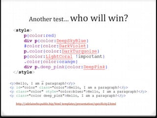 Another test… who

will win?

http://adelaineho.public.hip/html_templates/presentation/specificity2.html

 