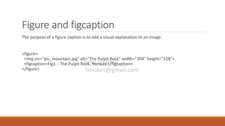 Figure and figcaption
The purpose of a figure caption is to add a visual explanation to an image.
<figure>
<img src="pic_mountain.jpg" alt="The Pulpit Rock" width="304" height="228">
<figcaption>Fig1. - The Pulpit Rock, Norway.</figcaption>
</figure>
 