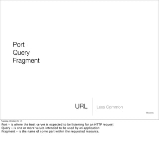 Port
             Query
             Fragment




                                                   URL             Less Common
                                                                                  @cczona



Tuesday, October 23, 12

Port - is where the host server is expected to be listening for an HTTP request
Query - is one or more values intended to be used by an application
Fragment - is the name of some part within the requested resource.
 