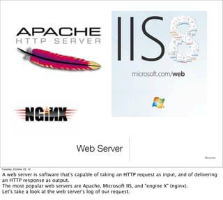 Web Server
                                                                                       @cczona



Tuesday, October 23, 12

A web server is software that's capable of taking an HTTP request as input, and of delivering
an HTTP response as output.
The most popular web servers are Apache, Microsoft IIS, and "engine X" (nginx).
Let's take a look at the web server's log of our request.
 