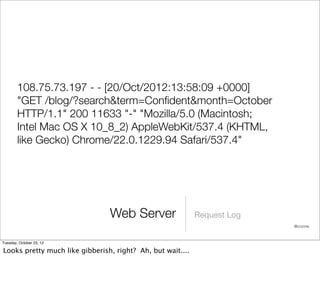 108.75.73.197 - - [20/Oct/2012:13:58:09 +0000]
        "GET /blog/?search&term=Conﬁdent&month=October
        HTTP/1.1" 200 11633 "-" "Mozilla/5.0 (Macintosh;
        Intel Mac OS X 10_8_2) AppleWebKit/537.4 (KHTML,
        like Gecko) Chrome/22.0.1229.94 Safari/537.4"




                                Web Server                  Request Log
                                                                          @cczona



Tuesday, October 23, 12

Looks pretty much like gibberish, right? Ah, but wait....
 