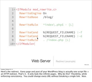 Web Server                Redirect (example)
                                                                                        @cczona



Tuesday, October 23, 12

Here's the redirect. Every page and post of your WordPress blog is actually one script ﬁle +
an HTTP redirect. That's it. It only look like inﬁnite pages. Why do this? Flexibility, while
enforcing consistency. You could change every URL without breaking a single link. Nice.
 