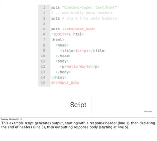 Script
                                                                                       @cczona



Tuesday, October 23, 12

This example script generates output, starting with a response header (line 1), then declaring
the end of headers (line 3), then outputting response body (starting at line 5).
 