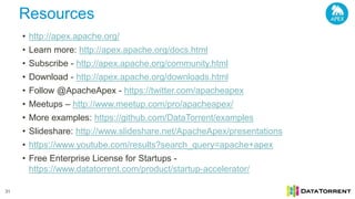 Resources
31
• http://apex.apache.org/
• Learn more: http://apex.apache.org/docs.html
• Subscribe - http://apex.apache.org/community.html
• Download - http://apex.apache.org/downloads.html
• Follow @ApacheApex - https://twitter.com/apacheapex
• Meetups – http://www.meetup.com/pro/apacheapex/
• More examples: https://github.com/DataTorrent/examples
• Slideshare: http://www.slideshare.net/ApacheApex/presentations
• https://www.youtube.com/results?search_query=apache+apex
• Free Enterprise License for Startups -
https://www.datatorrent.com/product/startup-accelerator/
 