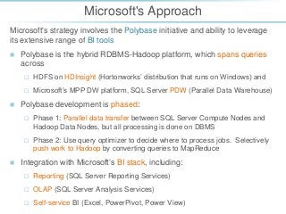 Microsoft's Approach
Microsoft's strategy involves the Polybase initiative and ability to leverage
its extensive range of BI tools


Polybase is the hybrid RDBMS-Hadoop platform, which spans queries
across





HDFS on HDInsight (Hortonworks’ distribution that runs on Windows) and
Microsoft’s MPP DW platform, SQL Server PDW (Parallel Data Warehouse)

Polybase development is phased:






Phase 1: Parallel data transfer between SQL Server Compute Nodes and
Hadoop Data Nodes, but all processing is done on DBMS
Phase 2: Use query optimizer to decide where to process jobs. Selectively
push work to Hadoop by converting queries to MapReduce

Integration with Microsoft’s BI stack, including:


Reporting (SQL Server Reporting Services)



OLAP (SQL Server Analysis Services)



Self-service BI (Excel, PowerPivot, Power View)

 