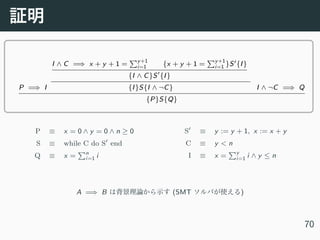 P =⇒ I
I ∧ C =⇒ x + y + 1 = y+1
i=1 {x + y + 1 = y+1
i=1 }S′{I}
{I ∧ C}S′
{I}
{I}S{I ∧ ¬C} I ∧ ¬C =⇒ Q
{P}S{Q}
P ≡ x = 0 ∧ y = 0 ∧ n ≥ 0
S ≡ while C do S′
end
Q ≡ x = n
i=1 i
S′
≡ y := y + 1, x := x + y
C ≡ y < n
I ≡ x = y
i=1 i ∧ y ≤ n
A =⇒ B (SMT )
70
 