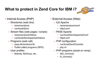 What to protect in Zend Core for IBM i?

• Internal Access (PHP)                  • External Access (Web)
  – Directories (web dirs)                 – ILE Apache
     • /www/zendcore                          • /www/zendcore/conf
     • /usr/local/Zend                        • httpd.conf
  – Stream files (web pages / scripts)     – PASE Apache
     • /www/zendcore/htdocs                   • /usr/local/Zend/apache2/conf
     • /usr/local/Zend/apache2/htdocs         • httpd.conf
  – Programs (web call)                    – PHP configuration
     • /qsys.lib/zendcore.lib                 • /usr/local/Zend/Core/etc
     • Toolkit called programs (RPG)          • php.ini
  – User profiles                          – PHP programs (asset on ramp)
     • Nobody, NoGroup, etc.                  • db2_connect()
                                              • i5_connect()
 