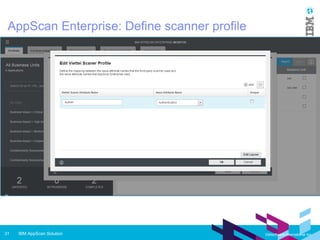IBM AppScan Solution31 Vietsoftware International Inc.
AppScan Enterprise: Define scanner profile
 