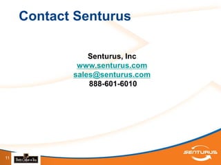Contact Senturus

                Senturus, Inc
             www.senturus.com
            sales@senturus.com
                888-601-6010




11
 
