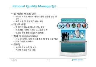 Rational Quality Manager는?
웹 기반의 테스트 관리
– 테스트 계획서, 테스트 케이스 등의 산출물 생성 및
관리
– 요구 사항 및 결함 관리 기능 포함
테스트 수행
– 웹 기반의 매뉴얼 테스트 기능 포함
– 데스크탑 기반의 테스트 도구들과 연계
– 테스트 수행 환경 커버리지 최적화
IBM Rational Quality Manager
/ 3015
– 테스트 수행 환경 커버리지 최적화
협업 및 communication
– 자산 및 진척도 등의 공유를 통한 팀 협업 모델 제공
– 리뷰 / 승인 프로세스
리포팅
– 실시간 정보 수집 및 보고
– 커스텀 리포트 작성 기능
CONTINUOUS test plan participate
AUTOMATED context GOVERNANCE
use case distributed access dashboards
synchronize EASY HANDOFF trace LAB
UTILIZATION functional PERFORMANCE
security compliance
 