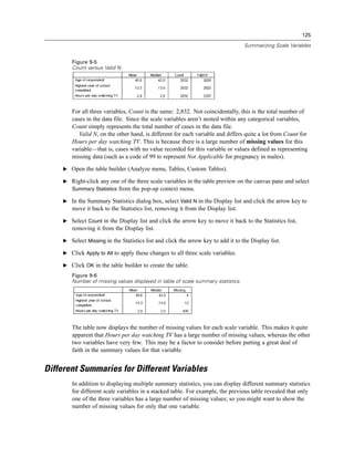 125
Summarizing Scale Variables
Figure 9-5
Count versus Valid N
For all three variables, Count is the same: 2,832. Not coincidentally, this is the total number of
cases in the data file. Since the scale variables aren’t nested within any categorical variables,
Count simply represents the total number of cases in the data file.
Valid N, on the other hand, is different for each variable and differs quite a lot from Count for
Hours per day watching TV. This is because there is a large number of missing values for this
variable—that is, cases with no value recorded for this variable or values defined as representing
missing data (such as a code of 99 to represent Not Applicable for pregnancy in males).
E Open the table builder (Analyze menu, Tables, Custom Tables).
E Right-click any one of the three scale variables in the table preview on the canvas pane and select
Summary Statistics from the pop-up context menu.
E In the Summary Statistics dialog box, select Valid N in the Display list and click the arrow key to
move it back to the Statistics list, removing it from the Display list.
E Select Count in the Display list and click the arrow key to move it back to the Statistics list,
removing it from the Display list.
E Select Missing in the Statistics list and click the arrow key to add it to the Display list.
E Click Apply to All to apply these changes to all three scale variables.
E Click OK in the table builder to create the table.
Figure 9-6
Number of missing values displayed in table of scale summary statistics
The table now displays the number of missing values for each scale variable. This makes it quite
apparent that Hours per day watching TV has a large number of missing values, whereas the other
two variables have very few. This may be a factor to consider before putting a great deal of
faith in the summary values for that variable.
Different Summaries for Different Variables
In addition to displaying multiple summary statistics, you can display different summary statistics
for different scale variables in a stacked table. For example, the previous table revealed that only
one of the three variables has a large number of missing values; so you might want to show the
number of missing values for only that one variable.
 