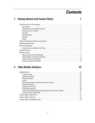 Contents
1 Getting Started with Custom Tables 1
Table Structure and Terminology. . . . . . . . . . . . . . . . . . . . . . . . . . . . . . . . . . . . . . . . . . . . . . . . . . 1
Pivot Tables . . . . . . . . . . . . . . . . . . . . . . . . . . . . . . . . . . . . . . . . . . . . . . . . . . . . . . . . . . . . . . 1
Variables and Level of Measurement . . . . . . . . . . . . . . . . . . . . . . . . . . . . . . . . . . . . . . . . . . . 2
Rows, Columns, and Cells . . . . . . . . . . . . . . . . . . . . . . . . . . . . . . . . . . . . . . . . . . . . . . . . . . . 2
Stacking . . . . . . . . . . . . . . . . . . . . . . . . . . . . . . . . . . . . . . . . . . . . . . . . . . . . . . . . . . . . . . . . 3
Crosstabulation . . . . . . . . . . . . . . . . . . . . . . . . . . . . . . . . . . . . . . . . . . . . . . . . . . . . . . . . . . . 3
Nesting . . . . . . . . . . . . . . . . . . . . . . . . . . . . . . . . . . . . . . . . . . . . . . . . . . . . . . . . . . . . . . . . . 4
Layers . . . . . . . . . . . . . . . . . . . . . . . . . . . . . . . . . . . . . . . . . . . . . . . . . . . . . . . . . . . . . . . . . . 4
Tables for Variables with Shared Categories. . . . . . . . . . . . . . . . . . . . . . . . . . . . . . . . . . . . . . . . . 5
Multiple Response Sets . . . . . . . . . . . . . . . . . . . . . . . . . . . . . . . . . . . . . . . . . . . . . . . . . . . . . . . . 5
Totals and Subtotals . . . . . . . . . . . . . . . . . . . . . . . . . . . . . . . . . . . . . . . . . . . . . . . . . . . . . . . . . . . 6
Custom Summary Statistics for Totals . . . . . . . . . . . . . . . . . . . . . . . . . . . . . . . . . . . . . . . . . . 6
Sample Data File. . . . . . . . . . . . . . . . . . . . . . . . . . . . . . . . . . . . . . . . . . . . . . . . . . . . . . . . . . . . . . 7
Building a Table . . . . . . . . . . . . . . . . . . . . . . . . . . . . . . . . . . . . . . . . . . . . . . . . . . . . . . . . . . . . . . 7
Opening the Custom Table Builder . . . . . . . . . . . . . . . . . . . . . . . . . . . . . . . . . . . . . . . . . . . . . 8
Selecting Row and Column Variables. . . . . . . . . . . . . . . . . . . . . . . . . . . . . . . . . . . . . . . . . . . 9
Inserting Totals and Subtotals . . . . . . . . . . . . . . . . . . . . . . . . . . . . . . . . . . . . . . . . . . . . . . . . 12
Summarizing Scale Variables. . . . . . . . . . . . . . . . . . . . . . . . . . . . . . . . . . . . . . . . . . . . . . . . . 14
2 Table Builder Interface 22
Building Tables . . . . . . . . . . . . . . . . . . . . . . . . . . . . . . . . . . . . . . . . . . . . . . . . . . . . . . . . . . . . . . . 22
To Build a Table . . . . . . . . . . . . . . . . . . . . . . . . . . . . . . . . . . . . . . . . . . . . . . . . . . . . . . . . . . . 25
Stacking Variables. . . . . . . . . . . . . . . . . . . . . . . . . . . . . . . . . . . . . . . . . . . . . . . . . . . . . . . . . 26
Nesting Variables . . . . . . . . . . . . . . . . . . . . . . . . . . . . . . . . . . . . . . . . . . . . . . . . . . . . . . . . . 26
Layers . . . . . . . . . . . . . . . . . . . . . . . . . . . . . . . . . . . . . . . . . . . . . . . . . . . . . . . . . . . . . . . . . . 27
Showing and Hiding Variable Names and/or Labels . . . . . . . . . . . . . . . . . . . . . . . . . . . . . . . . 28
Summary Statistics . . . . . . . . . . . . . . . . . . . . . . . . . . . . . . . . . . . . . . . . . . . . . . . . . . . . . . . . 29
Categories and Totals . . . . . . . . . . . . . . . . . . . . . . . . . . . . . . . . . . . . . . . . . . . . . . . . . . . . . . 35
Computed Categories . . . . . . . . . . . . . . . . . . . . . . . . . . . . . . . . . . . . . . . . . . . . . . . . . . . . . . 38
Tables of Variables with Shared Categories (Comperimeter Tables) . . . . . . . . . . . . . . . . . . . . 41
Customizing the Table Builder . . . . . . . . . . . . . . . . . . . . . . . . . . . . . . . . . . . . . . . . . . . . . . . . 41
Custom Tables: Options Tab . . . . . . . . . . . . . . . . . . . . . . . . . . . . . . . . . . . . . . . . . . . . . . . . . . . . . 42
Custom Tables: Titles Tab . . . . . . . . . . . . . . . . . . . . . . . . . . . . . . . . . . . . . . . . . . . . . . . . . . . . . . . 43
Custom Tables: Test Statistics Tab . . . . . . . . . . . . . . . . . . . . . . . . . . . . . . . . . . . . . . . . . . . . . . . . 45
v
 