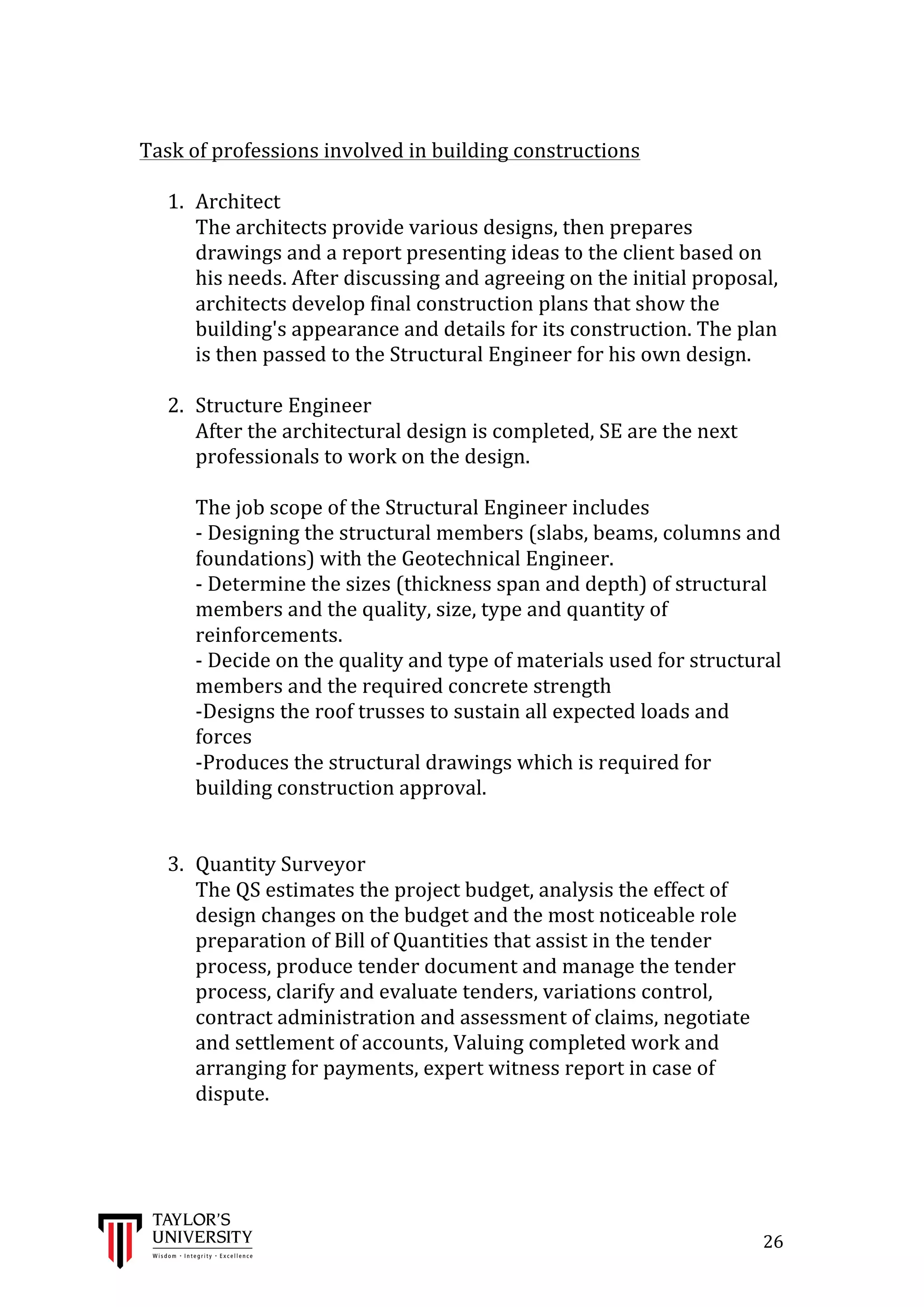  
	
  
	
  	
  	
  	
  	
  	
  	
  	
  	
  	
  	
  	
  	
  	
  	
  	
  	
  	
  	
  	
  	
  	
  	
  	
  	
  	
  	
  	
  	
  	
  	
  	
  	
  	
  	
  	
  	
  	
  	
  	
  	
  	
  	
  	
  	
  	
  	
  	
  	
  	
  	
  	
  	
  	
  	
  	
  	
  	
  	
  	
  	
  	
  	
  	
  	
  	
  	
  	
  	
  	
  	
  	
  	
  	
  	
  	
  	
  	
  	
  	
  	
  	
  	
  	
  	
  	
  	
  	
  	
  	
  	
  	
  	
  	
  	
  	
  	
  	
  	
  	
  	
  	
  	
  	
  	
  	
  	
  	
  	
  	
  	
  	
  	
  	
  	
  	
  	
  	
  	
  	
  	
  	
  	
  	
  	
  	
  	
  	
  	
  	
  	
  	
  	
  	
  	
  	
  	
  	
  	
  	
  	
  	
  	
  	
  	
  	
  	
  	
  	
  	
  	
  	
  26	
  
	
  
Task	
  of	
  professions	
  involved	
  in	
  building	
  constructions	
  
	
  
1. Architect	
  
The	
  architects	
  provide	
  various	
  designs,	
  then	
  prepares	
  
drawings	
  and	
  a	
  report	
  presenting	
  ideas	
  to	
  the	
  client	
  based	
  on	
  
his	
  needs.	
  After	
  discussing	
  and	
  agreeing	
  on	
  the	
  initial	
  proposal,	
  
architects	
  develop	
  final	
  construction	
  plans	
  that	
  show	
  the	
  
building's	
  appearance	
  and	
  details	
  for	
  its	
  construction.	
  The	
  plan	
  
is	
  then	
  passed	
  to	
  the	
  Structural	
  Engineer	
  for	
  his	
  own	
  design.	
  
	
  
2. Structure	
  Engineer	
  
After	
  the	
  architectural	
  design	
  is	
  completed,	
  SE	
  are	
  the	
  next	
  
professionals	
  to	
  work	
  on	
  the	
  design.	
  	
  
	
  
The	
  job	
  scope	
  of	
  the	
  Structural	
  Engineer	
  includes	
  
-­‐	
  Designing	
  the	
  structural	
  members	
  (slabs,	
  beams,	
  columns	
  and	
  
foundations)	
  with	
  the	
  Geotechnical	
  Engineer.	
  	
  
-­‐	
  Determine	
  the	
  sizes	
  (thickness	
  span	
  and	
  depth)	
  of	
  structural	
  
members	
  and	
  the	
  quality,	
  size,	
  type	
  and	
  quantity	
  of	
  
reinforcements.	
  	
  
-­‐	
  Decide	
  on	
  the	
  quality	
  and	
  type	
  of	
  materials	
  used	
  for	
  structural	
  
members	
  and	
  the	
  required	
  concrete	
  strength	
  
-­‐Designs	
  the	
  roof	
  trusses	
  to	
  sustain	
  all	
  expected	
  loads	
  and	
  
forces	
  	
  
-­‐Produces	
  the	
  structural	
  drawings	
  which	
  is	
  required	
  for	
  
building	
  construction	
  approval.	
  
	
  
	
  
3. Quantity	
  Surveyor	
  
The	
  QS	
  estimates	
  the	
  project	
  budget,	
  analysis	
  the	
  effect	
  of	
  
design	
  changes	
  on	
  the	
  budget	
  and	
  the	
  most	
  noticeable	
  role	
  
preparation	
  of	
  Bill	
  of	
  Quantities	
  that	
  assist	
  in	
  the	
  tender	
  
process,	
  produce	
  tender	
  document	
  and	
  manage	
  the	
  tender	
  
process,	
  clarify	
  and	
  evaluate	
  tenders,	
  variations	
  control,	
  
contract	
  administration	
  and	
  assessment	
  of	
  claims,	
  negotiate	
  
and	
  settlement	
  of	
  accounts,	
  Valuing	
  completed	
  work	
  and	
  
arranging	
  for	
  payments,	
  expert	
  witness	
  report	
  in	
  case	
  of	
  
dispute.	
  
	
  
	
  
	
  
 