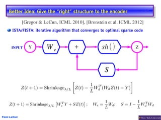 Better Idea: Give the “right” structure to the encoder
     Better Idea: Give the “right” structure to the encoder
             [Gregor & LeCun, ICML 2010], [Bronstein et al. ICML 2012]
      ISTA/FISTA: iterative algorithm that converges to optimal sparse code



      INPUT     Y       We            +              sh ()             Z




                                                      S




Yann LeCun
 