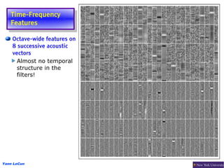 Time-Frequency
    Time-Frequency
   Features
    Features
    Octave-wide features on
    8 successive acoustic
    vectors
      Almost no temporal
      structure in the
      filters!




Yann LeCun
 