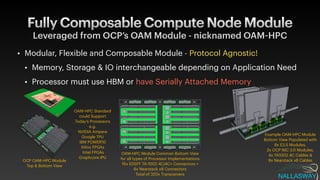 Fully Composable Compute Node Module
Leveraged from OCP’s OAM Module - nicknamed OAM
-
HPC
• Modular, Flexible and Composable Module - Protocol Agnostic!


• Memory, Storage & IO interchangeable depending on Application Need


• Processor must use HBM or have Serially Attached Memory
OCP OAM
-
HPC Module


Top & Bottom View
OAM
-
HPC Module Common Bottom View
for all types of Processor Implementations


16x EDSFF TA
-
1002 4C/4C+ Connectors +


8x Nearstack x8 Connectors


Total of 320x Transceivers
OAM
-
HPC Standard
could Support
Today’s Processors


e.g.


NVIDIA Ampere


Google TPU


IBM POWER10


Xilinx FPGAs


Intel FPGAs


Graphcore IPU


Example OAM
-
HPC Module
Bottom View Populated with


8x E3.S Modules,


2x OCP NIC 3.0 Modules,


4x TA1002 4C Cables &


8x Nearstack x8 Cables
 