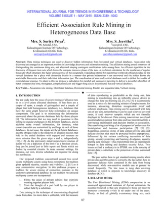 INTERNATIONAL JOURNAL FOR TRENDS IN ENGINEERING & TECHNOLOGY
VOLUME 5 ISSUE 1 – MAY 2015 - ISSN: 2349 - 9303
87
Efficient Association Rule Mining in
Heterogeneous Data Base
Mrs. S. Suriya Priya1
,
1
PG Scholar, CSE,
Kalasalingam Institute Of Technology,
Krishnankoil-626126, India.
suriyapriyask@gmail.com
Mrs. S. Jeevitha2
,
2
Asst.prof, CSE,
Kalasalingam Institute Of Technology,
Krishnankoil-626126, India.
jeevitha.ramkumar@gmail.com
Abstract-- Data mining techniques are used to discover hidden information from horizontal and vertical databases. Association rule
discovery has emerged as an important problem in knowledge discovery and information mining. The affiliation mining errand comprises of
distinguishing the continuous thing sets, and afterward shaping contingent ramifications rules among them. An efficient algorithm for the
discovery of frequent item sets which forms the compute intensive phase of the task. A proficient calculation for the revelation of regular
thing sets which structures the figure serious period of the assignment. Expanding interest for registering worldwide affiliation rules for the
vertical databases has a place with distinctive locales in a manner that private information is not uncovered and site holder knows the
worldwide discoveries and their individual information just. The coordination of even and vertical databases need to defeat the trouble of
computational expense. To attain to this we propose a calculation for parallel and successive parceling to deliver a powerful aftereffect of
better computational time, throughput, computational cost and bigger thing size in disseminated flat and vertical databases.
Key Words-- Association rule mining, Distributed database, Horizontal mining, Parallel and sequential data, Vertical mining.
——————————  ——————————
1. INTRODUCTION
We are study here the issue of secure mining of alliance runs
in on a level plane allocated databases. In that there are a
couple of spots, a couple of get-together and a couple of
player that hold homogeneous databases, i.e., databases that
have the same graph however hold information on unique
components. The goal is to minimizing the information
uncovered about the private databases held by those players
[6]. The information that we may need to guarantee in this
setting is singular exchanges in the different databases, and in
addition more overall information, for instance, what
connection rules are maintained by and large in each of those
databases. In our issue, the inputs are the deficient databases,
and the obliged yield is the rundown of alliance chooses that
hold in the united database with support and sureness no
more minutes than the given edge s and c, independently
[10], [12]. As the previously stated nonexclusive courses of
action rely on a depiction of the limit f as a Boolean circuit,
they can be joined just to little inputs and limits which are
doable by essential circuits. In more unusual settings, for
instance, our own, diverse schedules are required for doing
this retribution.
Our proposed tradition concentrated around two novel
secure multiparty counts using these estimations the tradition
gives updated security, security and viability [1], [15] as it
uses commutative encryption. In this endeavor propose a
tradition for secure mining of connection oversees in the
uniformly appropriated database. In our tradition two ensured
multiparty counts are incorporated:
1. Forms the union of private subsets that everyone
working together players hold.
2. Tests the thought of a part held by one player in
subset held by a substitute.
Data mining is the technique of concentrating disguised
cases from data. As more data is collected, with the measure
of data reproducing as predictable as the rising sun, data
mining is transforming into an inflexibly crucial device to
change this data into learning [2], [3], [4], [5]. It is commonly
used as a piece of a far reaching mixture of employments, for
instance, advancing, distortion recognizable proof and
coherent disclosure. Data mining can be associated with data
sets of any size, remembering it can be used to reveal covered
cases; it can't uncover samples which are not formally
displayed in the data set. Data mining concentrates novel and
accommodating gaining from data and has transformed into a
convincing examination and decision implies in association.
Data conferring can bring a lot of purposes of enthusiasm for
investigation and business participation [7], [8], [9].
Regardless, generous stores of data contain private data and
delicate chooses that must be protected before appropriated.
Influenced by the various conflicting necessities of data
giving, security protecting and learning divulgence, security
sparing data mining [11] has transformed into an examination
hotspot in data mining and database security fields. Two
issues are had a tendency to in PPDM: one is the security of
private data; a substitute is the protection of rules contained
data [13].
The past settles how to get standard mining results when
private data can't be gotten to correctly; the last settles how to
guarantee delicate rules contained in the data from being
discovered, while non-sensitive models can at present be
mined frequently. The late issue is rung data covering
database in which is opposite to knowledge discovery in
database (KDD).
2. RELATED WORK
The Fast Distributed Mining (FDM) computation is an
unsecured appropriated variation of Apriori estimation. Its
essential believed is that any progressive thing set must be
moreover commonly s-visit in no under one of the areas.
Thusly, to find all globally s-customary thing sets, each
 