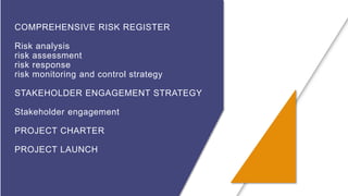 COMPREHENSIVE RISK REGISTER
Risk analysis
risk assessment
risk response
risk monitoring and control strategy
STAKEHOLDER ENGAGEMENT STRATEGY
Stakeholder engagement
PROJECT CHARTER
PROJECT LAUNCH
 