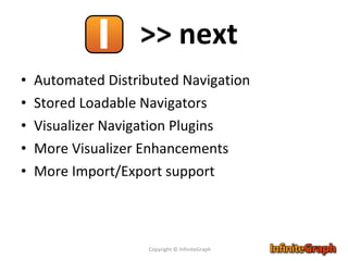 Automated Distributed Navigation Stored Loadable Navigators Visualizer Navigation Plugins More Visualizer Enhancements More Import/Export support Copyright © InfiniteGraph >> next 