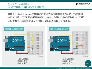 ホームエレクトロニクス開発学科 山崎研究室 yamalab.com
13ピンに接続
HIGH→ 点灯
LOW → 消灯
1. Ｌチカ（LEDの点灯）
④ 吐き出しと吸い込み（接続例）
13ピンに接続
HIGH→ 消灯
LOW → 点灯
課題１: Arduino Unoに搭載されている動作確認用LEDは13ピンに接続
されている。このLEDの接続方式は吐き出しか吸い込みのどちらか。13ピ
ンにそれぞれの方式でLEDを接続したものと比較して考えよ。
吐き出し接続の例 吸い込み接続の例
16/32
 