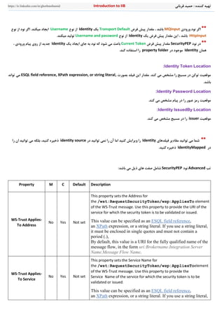 ‫قرباني‬ ‫حميد‬ : ‫کننده‬ ‫تهيه‬n to IIBIntroductiohttps://ir.linkedin.com/in/ghorbanihamid
**‫ورودی‬ ‫نود‬ ‫اگر‬MQInput‫فرض‬ ‫پيش‬ ‫مقدار‬ ، ‫باشد‬DefaultTransport‫يک‬Identity‫نوع‬ ‫از‬sernameU‫نوع‬ ‫از‬ ‫نود‬ ‫اگر‬ .‫ميکند‬ ‫ايجاد‬
HttpInput‫ف‬ ‫پيش‬ ‫مقدار‬ ‫اين‬ ، ‫باشد‬‫يک‬ ‫رض‬Identity‫نوع‬ ‫از‬passwordandUsername.‫ميکند‬ ‫توليد‬
**‫در‬‫نود‬SecurityPEP‫فرض‬ ‫پيش‬ ‫مقدار‬Current Token‫يک‬ ‫ايجاد‬ ‫جای‬ ‫به‬ ‫نود‬ ‫که‬ ‫شود‬ ‫مي‬ ‫باعث‬Identity‫ورو‬ ‫پيام‬ ‫روی‬ ‫از‬ ‫جديد‬، ‫دی‬
‫همان‬Identity‫در‬ ‫موجود‬property folder.‫کند‬ ‫استفاده‬ ‫را‬
cationIdentity Token Lo:
‫مي‬ ‫مشخص‬ ‫را‬ ‫مسيج‬ ‫در‬ ‫توکن‬ ‫موقعيت‬‫بصورت‬ ‫فيلد‬ ‫اين‬ ‫مقدار‬ .‫کند‬ESQL field reference, XPath expression, or string literal,‫تواند‬ ‫مي‬
.‫باشد‬
Identity Password Location:
‫موقعيت‬‫مي‬ ‫مشخص‬ ‫پيام‬ ‫در‬ ‫را‬ ‫عبور‬ ‫رمز‬.‫کند‬
Identity IssuedBy Location:
‫موقعيت‬issuer‫ر‬‫مي‬ ‫مشخص‬ ‫مسيج‬ ‫در‬ ‫ا‬.‫کند‬
**‫فيلدهای‬ ‫مقادير‬ ‫توانيد‬ ‫مي‬ ‫شما‬Identity‫در‬ ‫توانيد‬ ‫نمي‬ ‫را‬ ‫آن‬ ‫اما‬ ‫کنيد‬ ‫ويرايش‬ ‫را‬identity source‫ب‬ ،‫کنيد‬ ‫ذخيره‬‫را‬ ‫ان‬ ‫توانيد‬ ‫مي‬ ‫لکه‬
‫در‬IdentityMapped.‫کنيد‬ ‫ذخيره‬
‫ت‬‫ب‬Advanced‫نود‬SecurityPEP:‫باشد‬ ‫مي‬ ‫ذيل‬ ‫های‬ ‫صفت‬ ‫شامل‬
Property M C Default Description
WS-Trust Applies-
To Address
No Yes Not set
This property sets the Address for
the /wst:RequestSecurityToken/wsp:AppliesTo element
of the WS-Trust message. Use this property to provide the URI of the
service for which the security token is to be validated or issued.
This value can be specified as an ESQL field reference,
an XPath expression, or a string literal. If you use a string literal,
it must be enclosed in single quotes and must not contain a
period (.),
By default, this value is a URI for the fully qualified name of the
message flow, in the form uri:Brokername.Integration Server
Name.Message Flow Name.
WS-Trust Applies-
To Service
No Yes Not set
This property sets the Service Name for
the /wst:RequestSecurityToken/wsp:AppliesToelement
of the WS-Trust message. Use this property to provide the
Service Name of the service for which the security token is to be
validated or issued.
This value can be specified as an ESQL field reference,
an XPath expression, or a string literal. If you use a string literal,
 