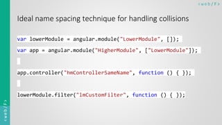 < w e b / F><web/F>
Ideal name spacing technique for handling collisions
var lowerModule = angular.module("LowerModule", []);
var app = angular.module("HigherModule", ["LowerModule"]);
app.controller("hmControllerSameName", function () { });
lowerModule.filter("lmCustomFilter", function () { });
 