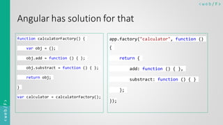 < w e b / F><web/F>
Angular has solution for that
function calculatorFactory() {
var obj = {};
obj.add = function () { };
obj.substract = function () { };
return obj;
}
var calculator = calculatorFactory();
app.factory("calculator", function ()
{
return {
add: function () { },
substract: function () { }
};
});
 