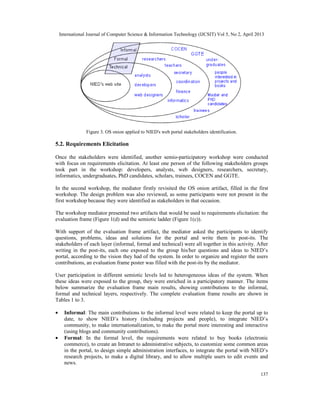 International Journal of Computer Science & Information Technology (IJCSIT) Vol 5, No 2, April 2013
137
Figure 3. OS onion applied to NIED's web portal stakeholders identification.
5.2. Requirements Elicitation
Once the stakeholders were identified, another semio-participatory workshop were conducted
with focus on requirements elicitation. At least one person of the following stakeholders groups
took part in the workshop: developers, analysts, web designers, researchers, secretary,
informatics, undergraduates, PhD candidates, scholars, trainees, COCEN and GGTE.
In the second workshop, the mediator firstly revisited the OS onion artifact, filled in the first
workshop. The design problem was also reviewed, as some participants were not present in the
first workshop because they were identified as stakeholders in that occasion.
The workshop mediator presented two artifacts that would be used to requirements elicitation: the
evaluation frame (Figure 1(d) and the semiotic ladder (Figure 1(c)).
With support of the evaluation frame artifact, the mediator asked the participants to identify
questions, problems, ideas and solutions for the portal and write them in post-its. The
stakeholders of each layer (informal, formal and technical) were all together in this activity. After
writing in the post-its, each one exposed to the group his/her questions and ideas to NIED’s
portal, according to the vision they had of the system. In order to organize and register the users
contributions, an evaluation frame poster was filled with the post-its by the mediator.
User participation in different semiotic levels led to heterogeneous ideas of the system. When
these ideas were exposed to the group, they were enriched in a participatory manner. The items
below summarize the evaluation frame main results, showing contributions to the informal,
formal and technical layers, respectively. The complete evaluation frame results are shown in
Tables 1 to 3.
• Informal: The main contributions to the informal level were related to keep the portal up to
date, to show NIED’s history (including projects and people), to integrate NIED’s
community, to make internationalization, to make the portal more interesting and interactive
(using blogs and community contributions).
• Formal: In the formal level, the requirements were related to buy books (electronic
commerce), to create an Intranet to administrative subjects, to customize some common areas
in the portal, to design simple administration interfaces, to integrate the portal with NIED’s
research projects, to make a digital library, and to allow multiple users to edit events and
news.
 