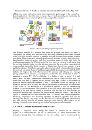 International Journal of Distributed and Parallel Systems (IJDPS) Vol.10, No.2/3, May 2019
3
adding more nodes while at the same time increasing the performance of the system load-
balancing algorithm without the need to increase the power of each node, and maintaining the
homogeneity property in-domain. Fig.1 shows the concept of the principle.
Figure.1. The concept of the going vertical principle
The diffusion approach is a dynamic load balancing technique that allows the nodes to
communicate and migrate tasks with other nodes. Each node balances the load among the other
nodes in the hope that after a number of iterations the whole system will approach the balanced
state. In the diffusion approach, each node simultaneously sends the excessive load to its under-
loaded neighbor nodes and receives loads from its neighbor nodes with higher load. Under the
synchronous assumption, the diffusion method has been proven to converge in polynomial time
for any initial load distribution given the quiescent assumption that no new load is generated and
no existing load is completed during execution of the algorithm. Since it is not necessary to have
a global coordinator, the diffusion approach is inherently 1oca1, fault tolerant and scalable. Hence
this approach is a natural choice for load balancing in a highly dynamic environment [8]. In 1989,
Cybenko [9] proposed the first diffusion scheme for dynamic load balancing on a message
passing multiprocessor networks. According to his method the load distribution at time t is
quantified by a vector where t
i
l is the load of node i at time t ≥ 0. In each
round t, node i and node j compare their load and node j sends tokens to node i if node j has
more loads than node i. Cybenko method requires ld(n) steps, where n is the number of
processors and ld denotes the logarithm to base 2. The method utilizes the topology of the
hypercube machine for its efficiency, but ignores any dependencies between the individual items
of data moved. In 1990, Boillat [10] et al. presented an approach to solve the load balancing
problem for parallel programs. They presented a fully distributed load balancing algorithm,
consisting of the same process running in parallel on each processor of a given network. No
assumption has to be made concerning the structure of the underlying network. They show the
number of iterations in several cases to be of the form 2
(n )
O where n is the number of processors.
Practically, neighborhood load balancing algorithms are diffusion algorithms that have the
advantage that they are very simple and that the vertices do not need any global information to
base their balancing decisions on. Another advantage is that balancing with neighbors has the
tendency to keep load items initiated by one vertex in the neighborhood of that vertex.
3. LOAD BALANCING PROBLEM FORMULATION
Formally, a large-scale cloud storage file system is modeled as an undirected
graph ( ,E)
G V
 where V represents the set of chunkservers or nodes and E describes the
connections among them. The cardinality of V is | |
V n
 wheren can be one thousand, ten
 