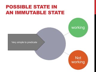 POSSIBLE STATE IN
AN IMMUTABLE STATE
working
Not
working
Very simple to predicate
 