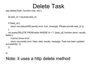 Delete Task
app.delete('/todo', function (req, res) {
let task_id = req.body.task_id;
if (!task_id) {
return res.status(400).send({ error: true, message: 'Please provide task_id' });
}
mc.query('DELETE FROM tasks WHERE id = ?', [task_id], function (error, results,
fields) {
if (error) throw error;
return res.send({ error: false, data: results, message: 'Task has been updated
successfully.' });
});
});
Note: it uses a http delete method
 