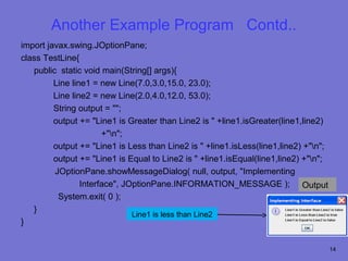 Another Example Program Contd..
import javax.swing.JOptionPane;
class TestLine{
   public static void main(String[] args){
         Line line1 = new Line(7.0,3.0,15.0, 23.0);
         Line line2 = new Line(2.0,4.0,12.0, 53.0);
         String output = "";
         output += "Line1 is Greater than Line2 is " +line1.isGreater(line1,line2)
                       +"n";
         output += "Line1 is Less than Line2 is " +line1.isLess(line1,line2) +"n";
         output += "Line1 is Equal to Line2 is " +line1.isEqual(line1,line2) +"n";
         JOptionPane.showMessageDialog( null, output, "Implementing
                 Interface", JOptionPane.INFORMATION_MESSAGE ); Output
          System.exit( 0 );
   }
                               Line1 is less than Line2
}


                                                                                      14
 