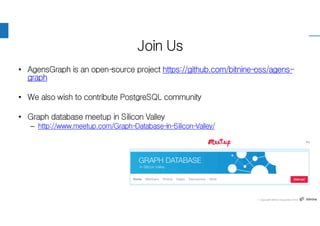 Join Us
• AgensGraph is an open-source project https://github.com/bitnine-oss/agens-
graph
• We also wish to contribute PostgreSQL community
• Graph database meetup in Silicon Valley
– http://www.meetup.com/Graph-Database-in-Silicon-Valley/
 