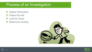 Process of an Investigation
Gather Information
Follow the trail
Look for Clues
Determine severity
 