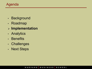 Agenda


•   Background
•   Roadmap
   Implementation
•   Analytics
•   Benefits
•   Challenges
•   Next Steps
 