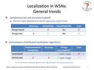 Localization in WSNs:
                                      General trends
     Complexity/cost and accuracy tradeoff
          Selection highly dependent on specific application requirements.

                                      Accuracy                Complexity                Specialized HW                   Cost
         Range-based                         ✓                         ✗                          Yes                     ✗
         Range-free                          ✗                         ✓                          No                      ✓


    Centralized vs Distributed localization algorithms
                               Implementation                     Accuracy                 Energy                        Cost
                                 complexity                                             consumption*
         Centralized                        ✓                           ✓                ✓ ↔it > hops                     ✗
         Distributed                        ✗                            ✗               ✓ ↔it < hops                     ✓
             * It = Nº of iterations in distributed algorithm; hops = Avg. Nº of hops to central processing unit [25].


Indoor Localization using Local Node Density in Ad-Hoc Wireless Sensor Networks                    Joaquín González Guerrero    12
 