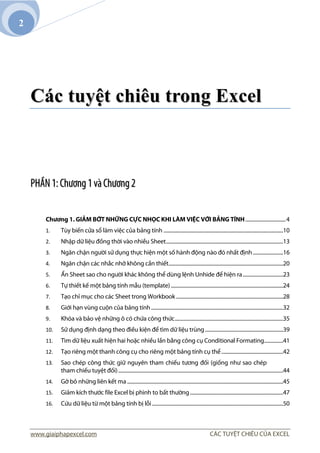 www.giaiphapexcel.com CÁC TUYỆT CHIÊU CỦA EXCEL 
2 
Các tuyệệt chiêu trong Excel 
PHẦẦN 1: Chưươơng 1 và Chưươơng 2 
Chương 1. GIẢM BỚT NHỮNG CỰC NHỌC KHI LÀM VIỆC VỚI BẢNG TÍNH ................................ 4 
1. Tùy biến cửa sổ làm việc của bảng tính ...............................................................................................10 
2. Nhập dữ liệu đồng thời vào nhiều Sheet .............................................................................................13 
3. Ngăn chận người sử dụng thực hiện một số hành động nào đó nhất định ........................16 
4. Ngăn chặn các nhắc nhở không cần thiết ...........................................................................................20 
5. Ẩn Sheet sao cho người khác không thể dùng lệnh Unhide để hiện ra ................................23 
6. Tự thiết kế một bảng tính mẫu (template) .........................................................................................24 
7. Tạo chỉ mục cho các Sheet trong Workbook .....................................................................................28 
8. Giới hạn vùng cuộn của bảng tính .........................................................................................................32 
9. Khóa và bảo vệ những ô có chứa công thức ......................................................................................35 
10. Sử dụng định dạng theo điều kiện để tìm dữ liệu trùng ..............................................................39 
11. Tìm dữ liệu xuất hiện hai hoặc nhiều lần bằng công cụ Conditional Formating ...............41 
12. Tạo riêng một thanh công cụ cho riêng một bảng tính cụ thể .................................................42 
13. Sao chép công thức giữ nguyên tham chiếu tương đối (giống như sao chép 
tham chiếu tuyệt đối) ...................................................................................................................................44 
14. Gỡ bỏ những liên kết ma ............................................................................................................................45 
15. Giảm kích thước file Excel bị phình to bất thường ..........................................................................47 
16. Cứu dữ liệu từ một bảng tính bị lỗi ........................................................................................................50 
 