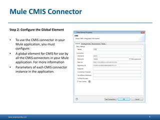 www.sanjeetpandey.com
Mule CMIS Connector
Step 2: Configure the Global Element
• To use the CMIS connector in your
Mule application, you must
configure:
• A global element for CMIS for use by
all the CMIS connectors in your Mule
application. For more information
• Parameters of each CMIS connector
instance in the application.
6
 