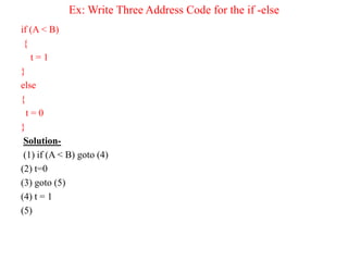 Ex: Write Three Address Code for the if -else
if (A < B)
{
t = 1
}
else
{
t = 0
}
Solution-
(1) if (A < B) goto (4)
(2) t=0
(3) goto (5)
(4) t = 1
(5)
 