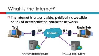 What is the Internet? The Internet is a worldwide, publically accessible series of interconnected computer networks 