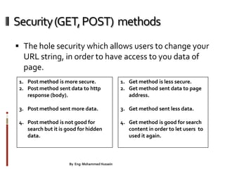 Security(GET,POST) methods
 The hole security which allows users to change your
URL string, in order to have access to you data of
page.
29By Eng: Mohammed Hussein
1. Post method is more secure.
2. Post method sent data to http
response (body).
3. Post method sent more data.
4. Post method is not good for
search but it is good for hidden
data.
1. Get method is less secure.
2. Get method sent data to page
address.
3. Get method sent less data.
4. Get method is good for search
content in order to let users to
used it again.
 