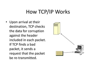 How TCP/IP Works
• Upon arrival at their
destination, TCP checks
the data for corruption
against the header
included in each packet.
If TCP finds a bad
packet, it sends a
request that the packet
be re-transmitted.
 