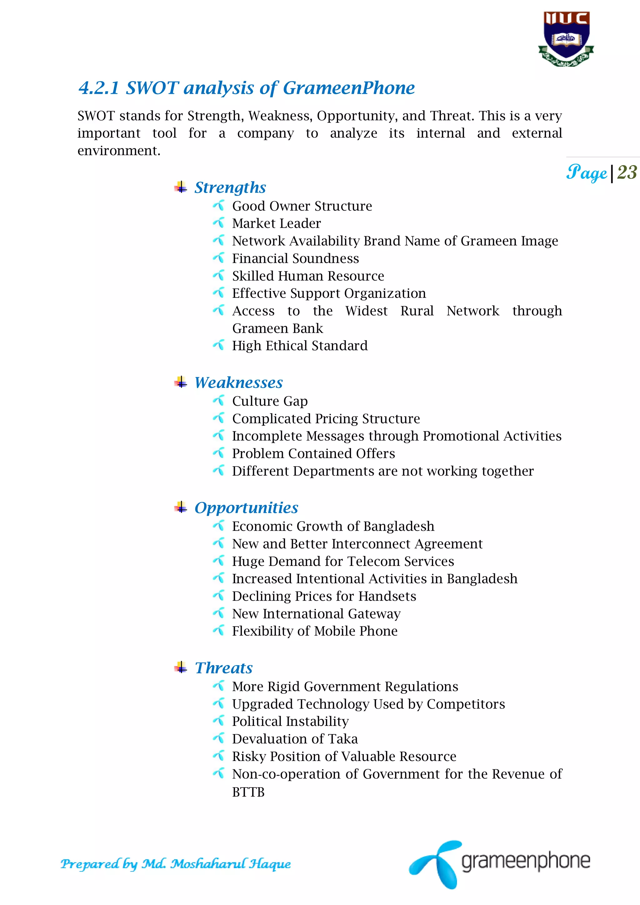 Page|23
4.2.1 SWOT analysis of GrameenPhone
SWOT stands for Strength, Weakness, Opportunity, and Threat. This is a very
important tool for a company to analyze its internal and external
environment.
Strengths
Good Owner Structure
Market Leader
Network Availability Brand Name of Grameen Image
Financial Soundness
Skilled Human Resource
Effective Support Organization
Access to the Widest Rural Network through
Grameen Bank
High Ethical Standard
Weaknesses
Culture Gap
Complicated Pricing Structure
Incomplete Messages through Promotional Activities
Problem Contained Offers
Different Departments are not working together
Opportunities
Economic Growth of Bangladesh
New and Better Interconnect Agreement
Huge Demand for Telecom Services
Increased Intentional Activities in Bangladesh
Declining Prices for Handsets
New International Gateway
Flexibility of Mobile Phone
Threats
More Rigid Government Regulations
Upgraded Technology Used by Competitors
Political Instability
Devaluation of Taka
Risky Position of Valuable Resource
Non‐co‐operation of Government for the Revenue of
BTTB
 