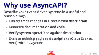 Why use AsyncAPI?
Describe your event-driven systems in a useful and
reusable way.
• Clearly track changes in a text-based description
• Generate documentation and code
• Verify system operations against description
• Enclose existing payload descriptions (CloudEvents,
Avro) within AsyncAPI
@lornajane
 