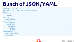 Bunch of JSON/YAML
asyncapi: '2.0.0'
id: 'urn:com.github.lornajane.example1'
info:
contact:
license:
servers:
local-kafka:
channels:
factorysensor:
subscribe:
message:
payload:
examples:
components:
securitySchemes:
messages:
@lornajane
 
